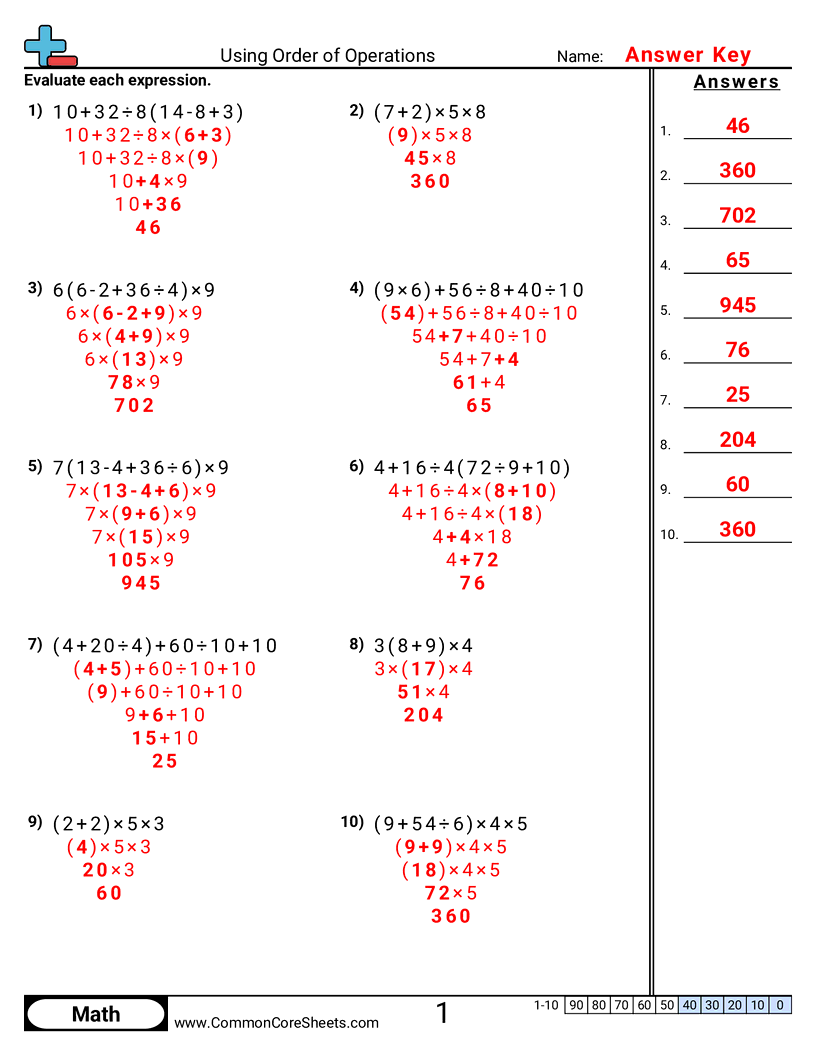 Order of Operations Worksheets - using-order-of-operations-no-negatives worksheet