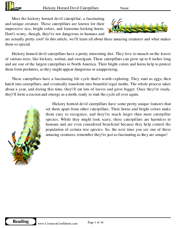  - hickory-horned-devil-caterpillars worksheet