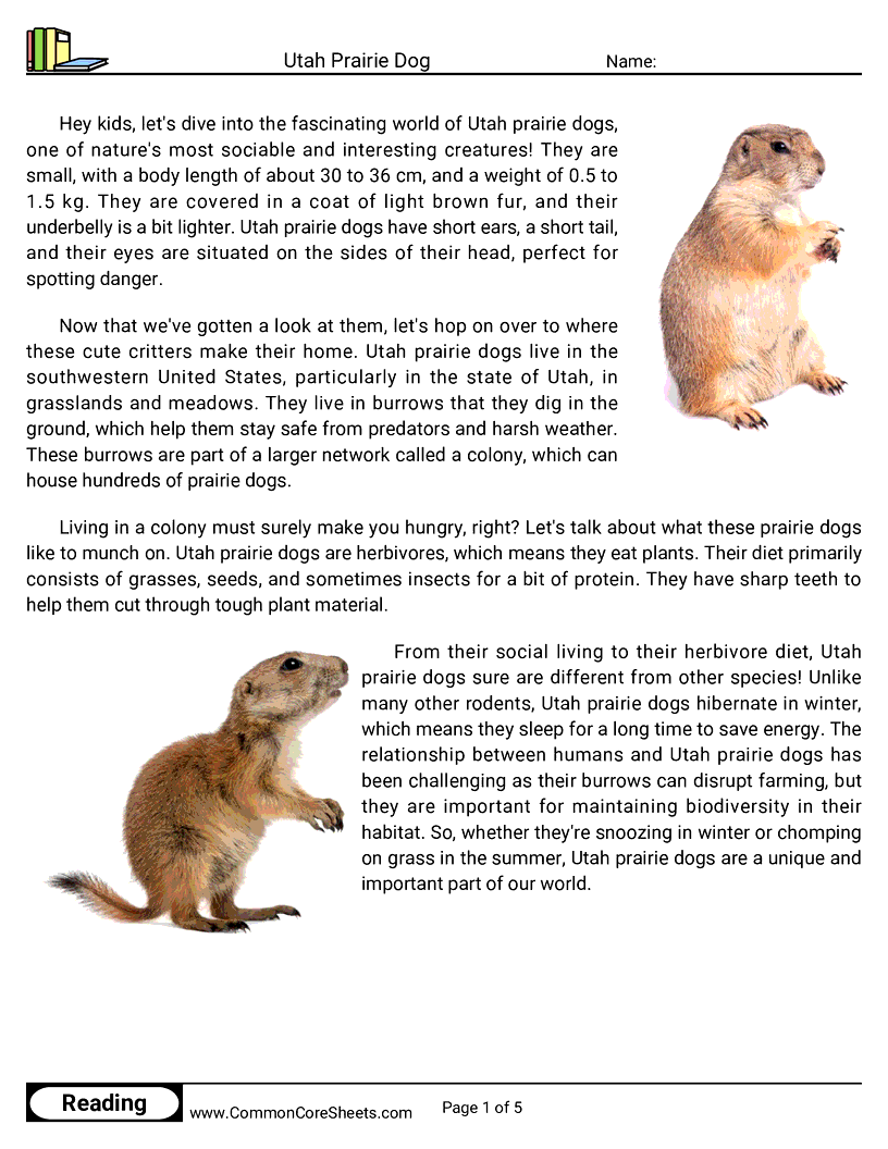 Reading Comprehension Mammals - utah-prairie-dog worksheet