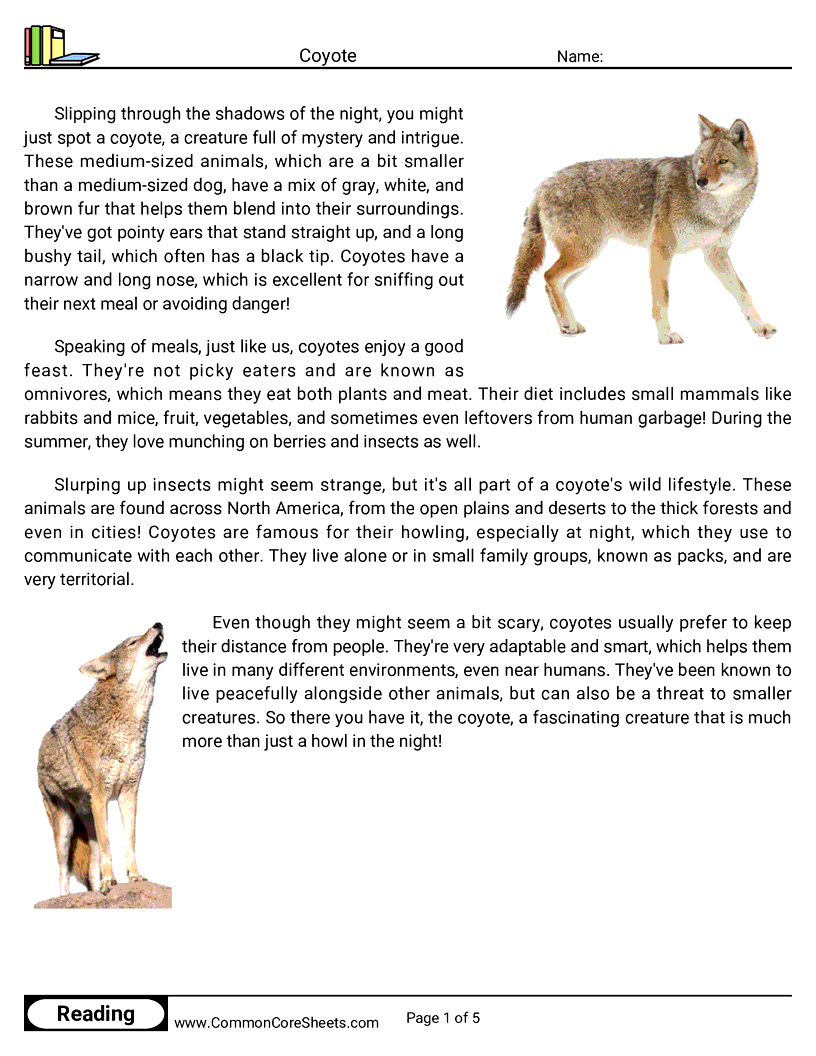 Reading Comprehension Mammals - coyote worksheet