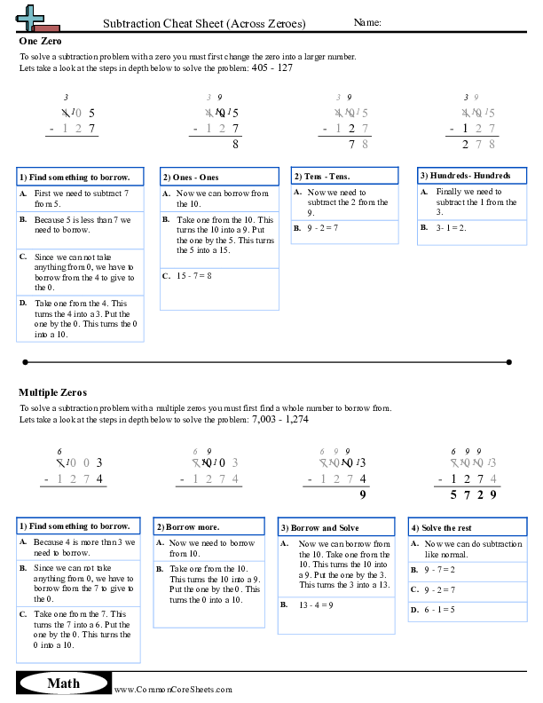 Cheat Sheets - subtraction-across-zeroes-traditional worksheet