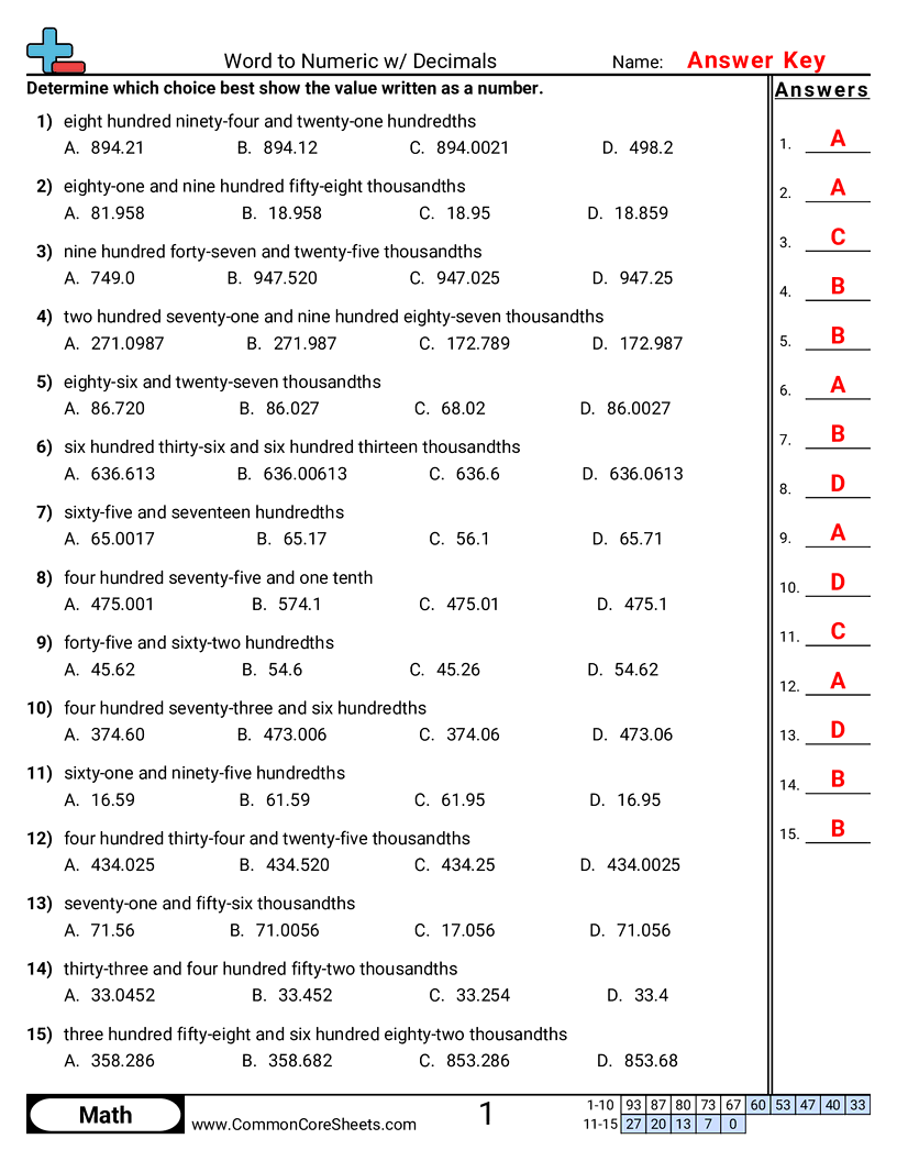 5th Grade Converting Forms Worksheets - decimals-up-to-thousandths worksheet