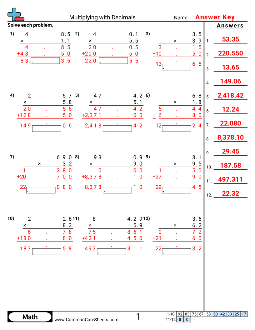 Decimal Worksheets - multiplying-decimals-vertical worksheet