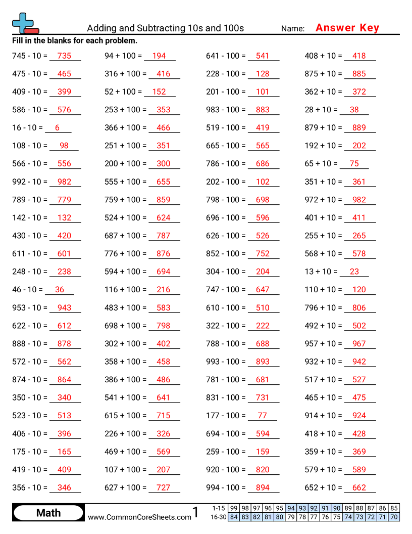 - adding-subtracting-10s-and-100s worksheet