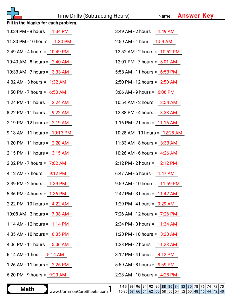  - subtracting-hours worksheet