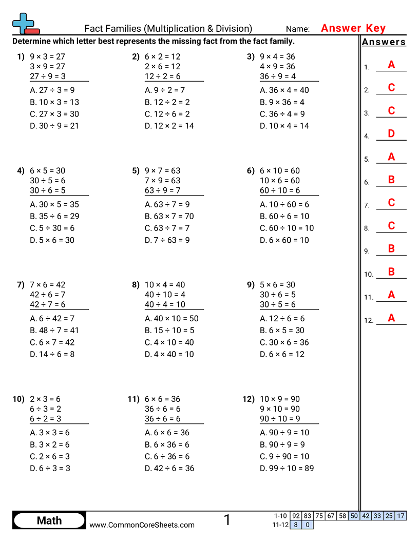 Share - find-missing-fact-multiple-choice worksheet