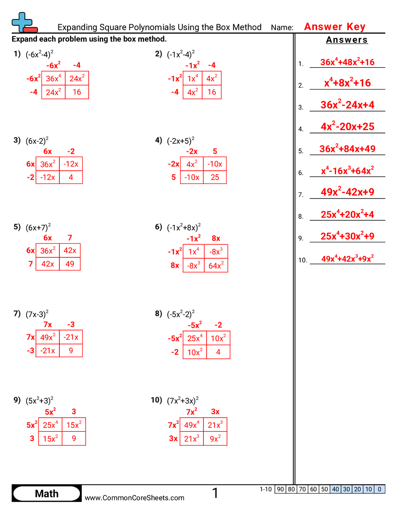 expressions Worksheets - expanding-square-polynomials-using-the-box-method worksheet