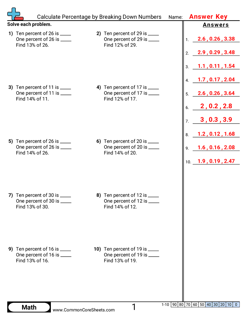 6th Grade Percent Worksheets - calculate-percentage-by-breaking-down-numbers worksheet