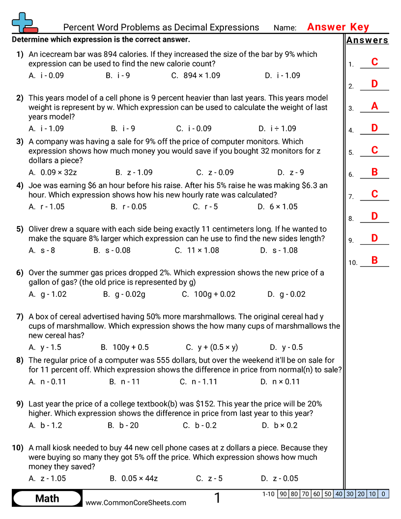 PA.A.3.2 Worksheets - percent-word-problems-as-decimal-expressions worksheet