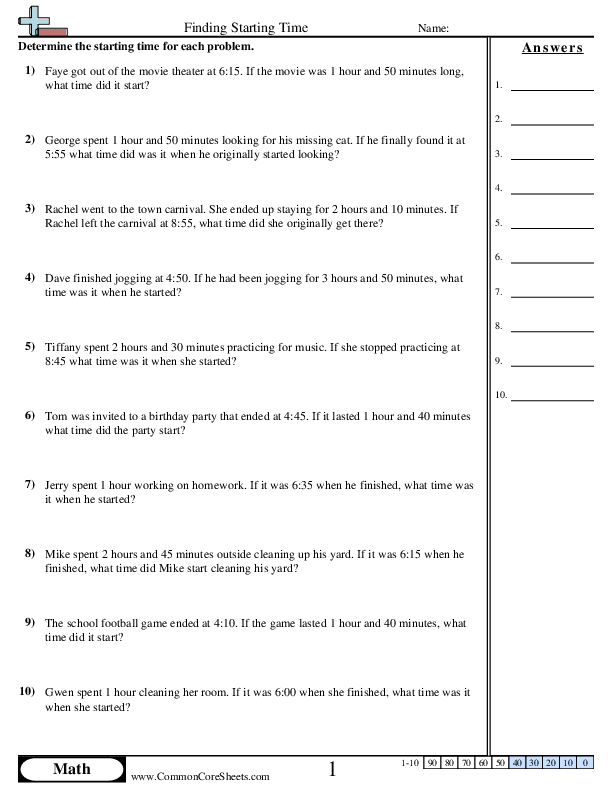 Finding Starting Time Worksheet Download